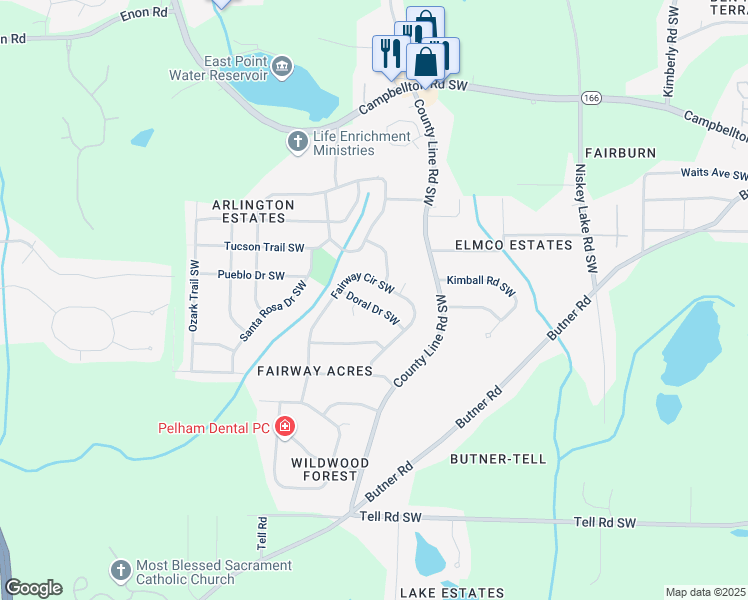 map of restaurants, bars, coffee shops, grocery stores, and more near 4547 Doral Drive Southwest in Atlanta