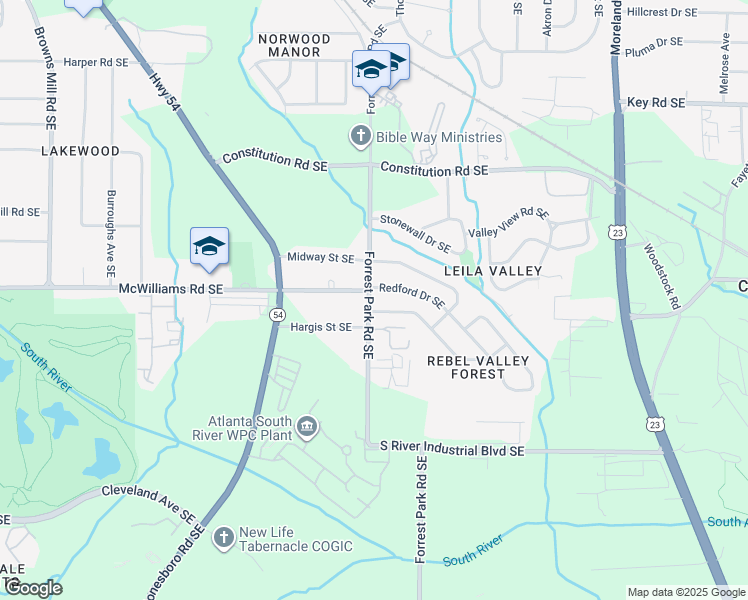 map of restaurants, bars, coffee shops, grocery stores, and more near 2404 Forrest Park Road Southeast in Atlanta