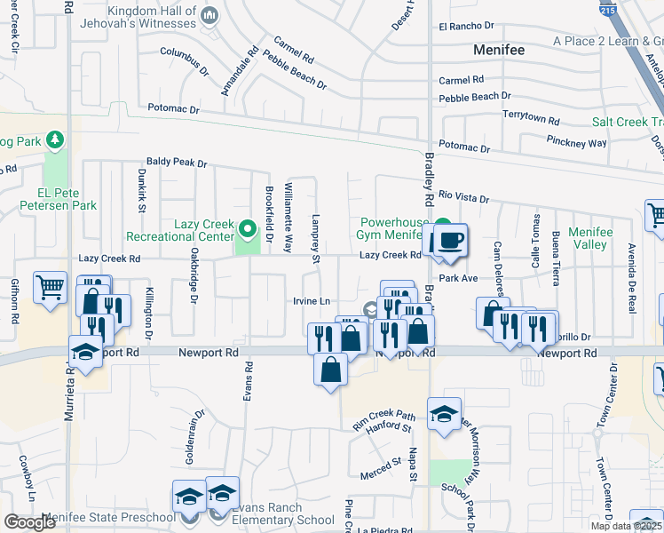 map of restaurants, bars, coffee shops, grocery stores, and more near 29769 Winter Hawk Road in Menifee