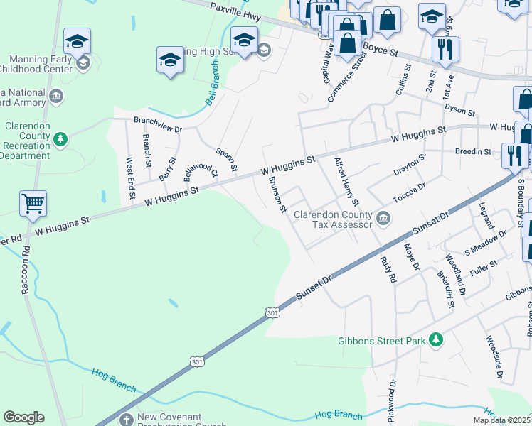 map of restaurants, bars, coffee shops, grocery stores, and more near 1132 Moorer Street in Manning