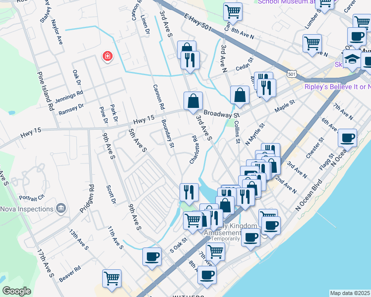 map of restaurants, bars, coffee shops, grocery stores, and more near 734 Columbia Drive in Myrtle Beach