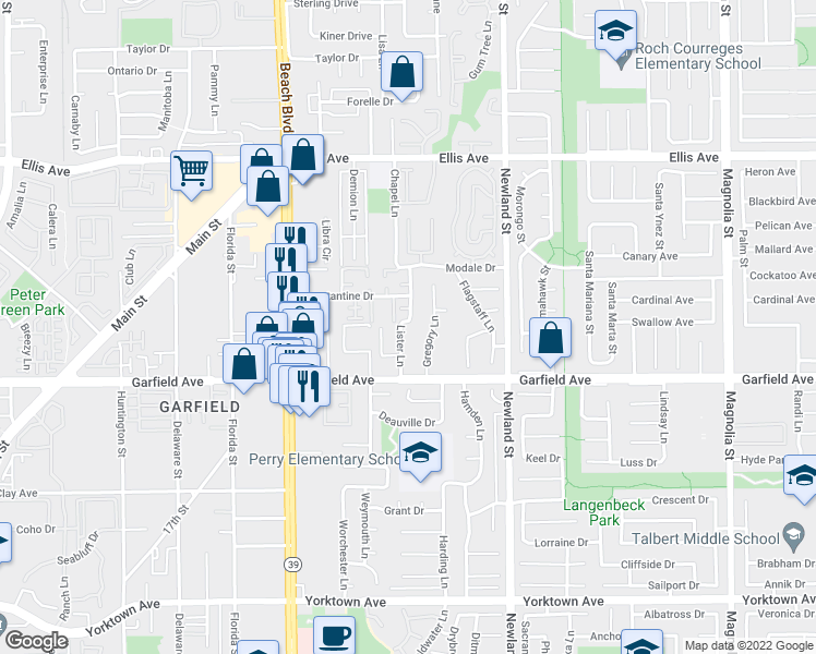 map of restaurants, bars, coffee shops, grocery stores, and more near 18862 Lister Lane in Huntington Beach