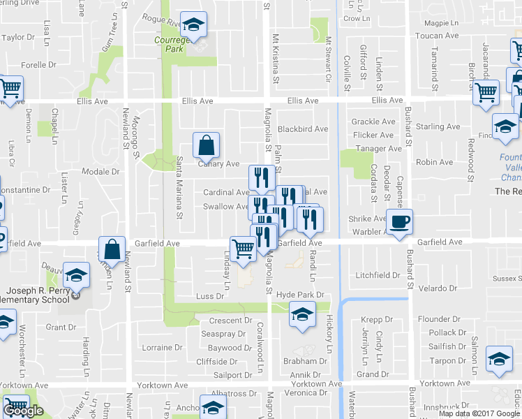 map of restaurants, bars, coffee shops, grocery stores, and more near 8968 Swallow Avenue in Fountain Valley