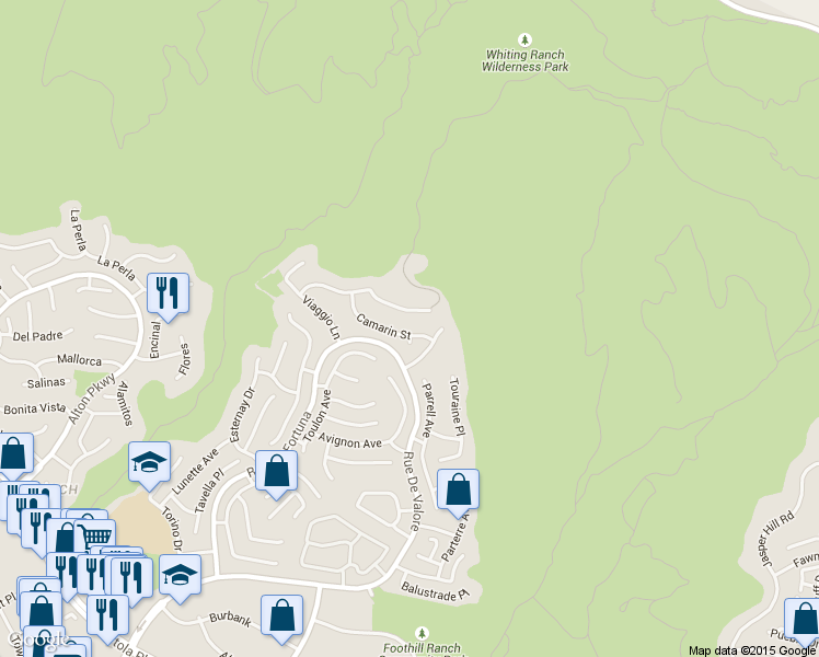map of restaurants, bars, coffee shops, grocery stores, and more near 39 Camarin Street in Foothill Ranch