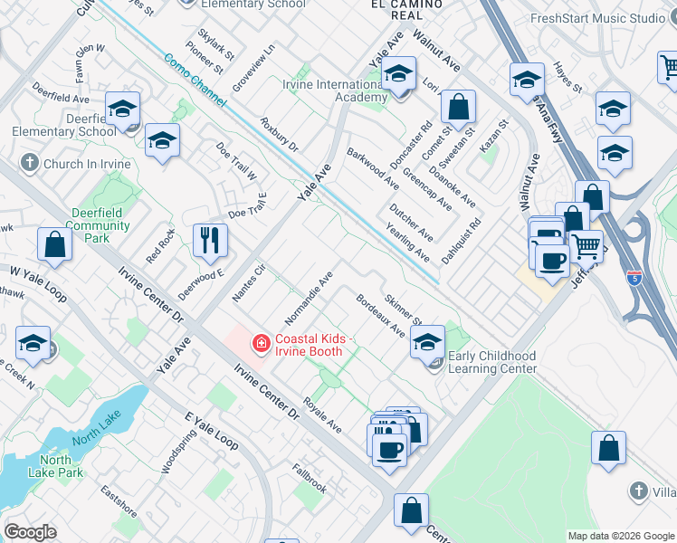 map of restaurants, bars, coffee shops, grocery stores, and more near 15142 Normandie Avenue in Irvine