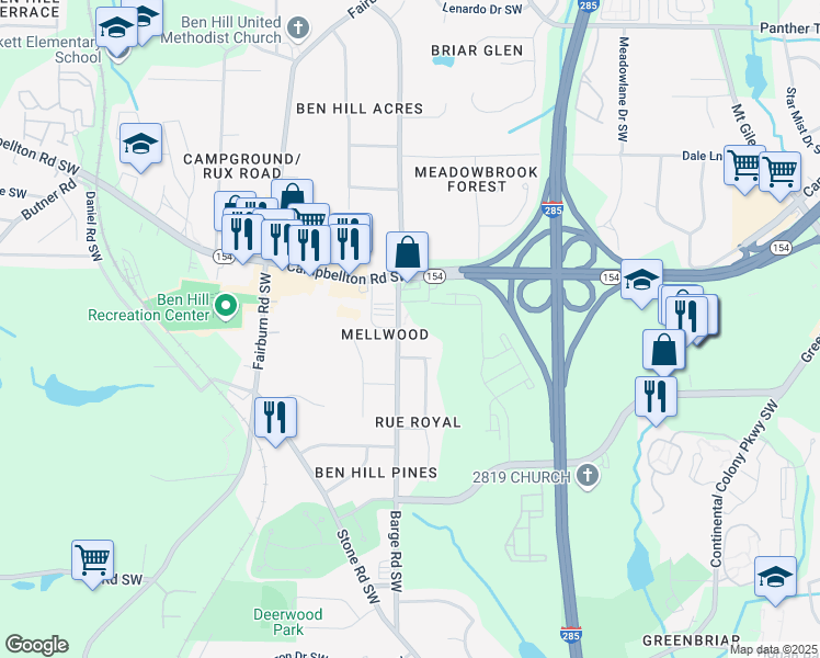map of restaurants, bars, coffee shops, grocery stores, and more near 2440 Barge Road Southwest in Atlanta