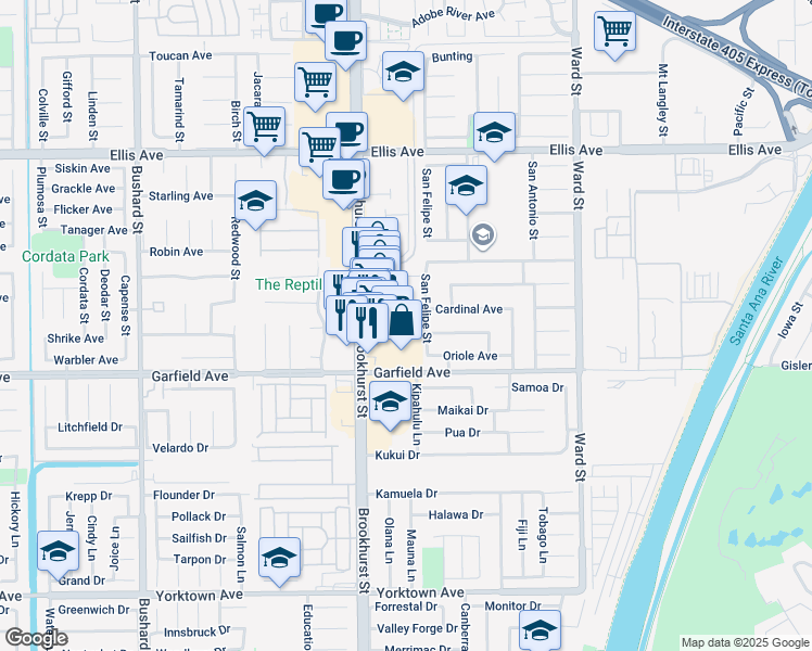 map of restaurants, bars, coffee shops, grocery stores, and more near 18886 Brookhurst Street in Fountain Valley