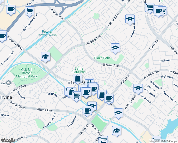 map of restaurants, bars, coffee shops, grocery stores, and more near 2901 Ladrillo Aisle in Irvine