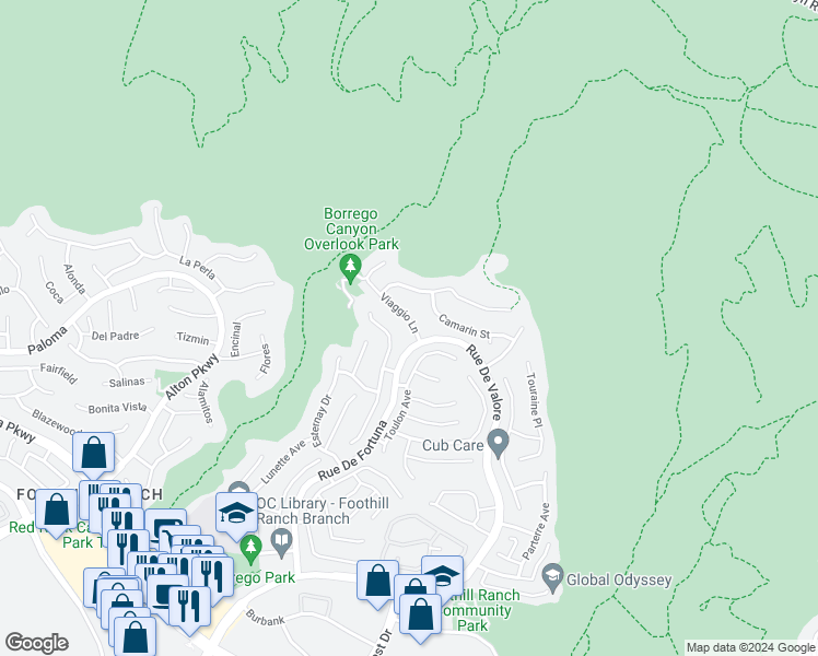 map of restaurants, bars, coffee shops, grocery stores, and more near 53 Viaggio Lane in Lake Forest