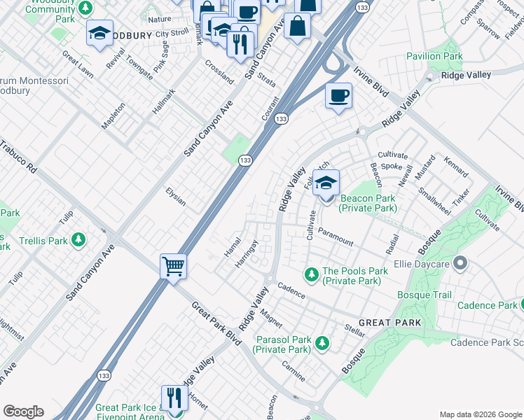 map of restaurants, bars, coffee shops, grocery stores, and more near 119 Novel in Irvine