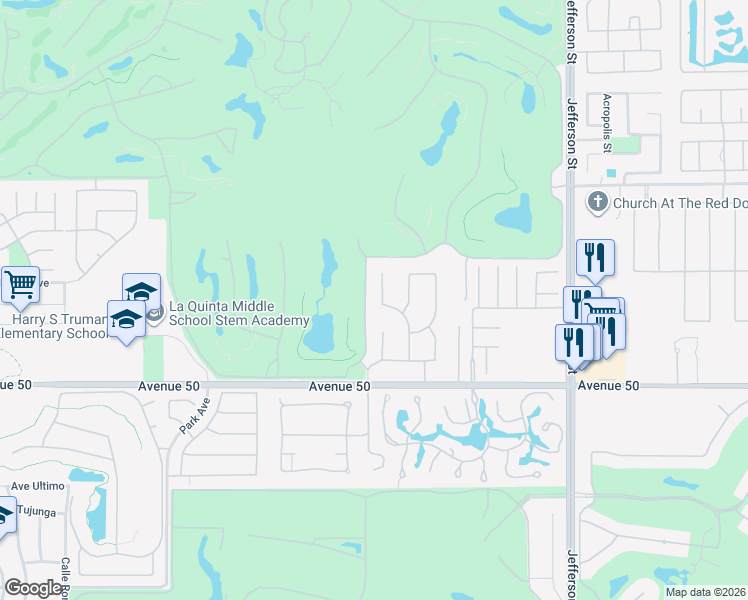 map of restaurants, bars, coffee shops, grocery stores, and more near 49575 Rancho La Merced in La Quinta