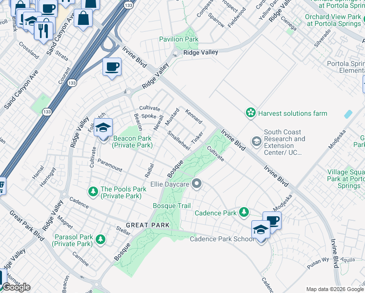 map of restaurants, bars, coffee shops, grocery stores, and more near 106 Smallwheel in Irvine