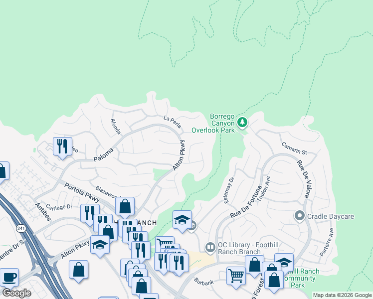 map of restaurants, bars, coffee shops, grocery stores, and more near 18825 Alton Parkway in Lake Forest