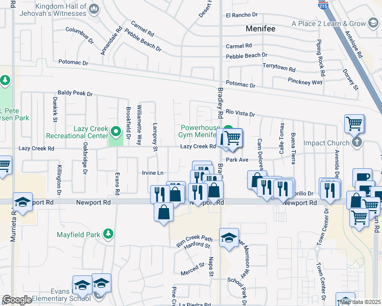 map of restaurants, bars, coffee shops, grocery stores, and more near 26825 Lazy Creek Road in Menifee