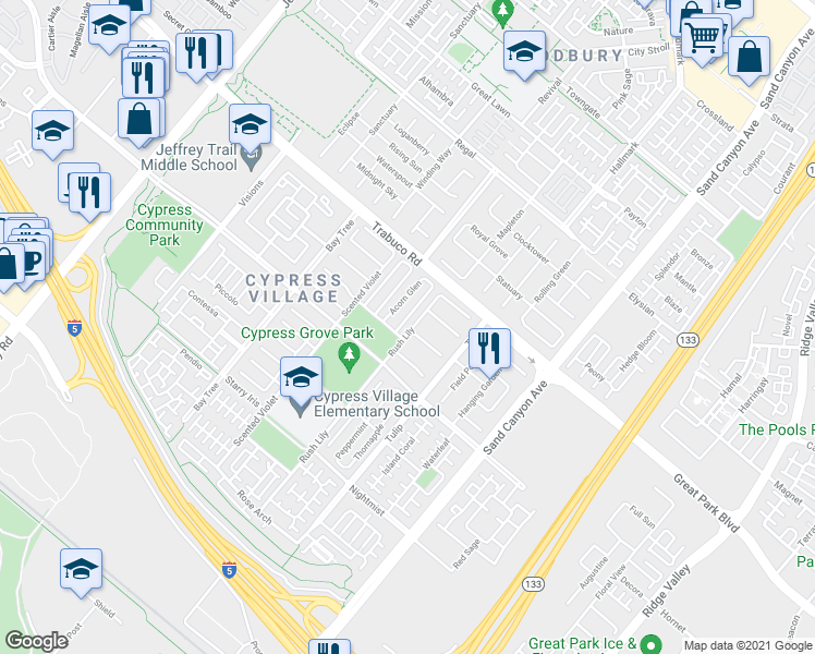 map of restaurants, bars, coffee shops, grocery stores, and more near 52 Sycamore Bend in Irvine