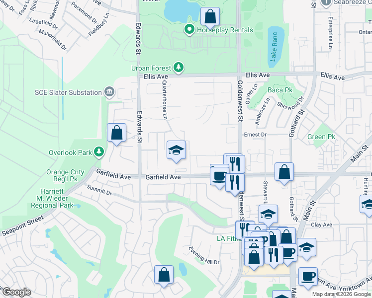 map of restaurants, bars, coffee shops, grocery stores, and more near 6732 Alamitos Circle in Huntington Beach