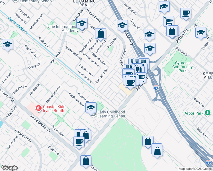 map of restaurants, bars, coffee shops, grocery stores, and more near 14912 Dahlquist Road in Irvine
