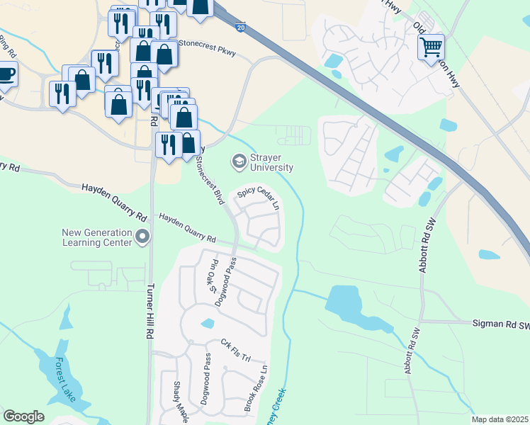 map of restaurants, bars, coffee shops, grocery stores, and more near 7536 Roseberry Way in Stonecrest