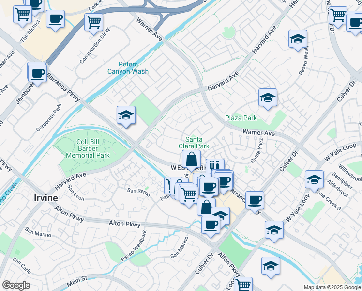 map of restaurants, bars, coffee shops, grocery stores, and more near 475 Santa Louisa in Irvine