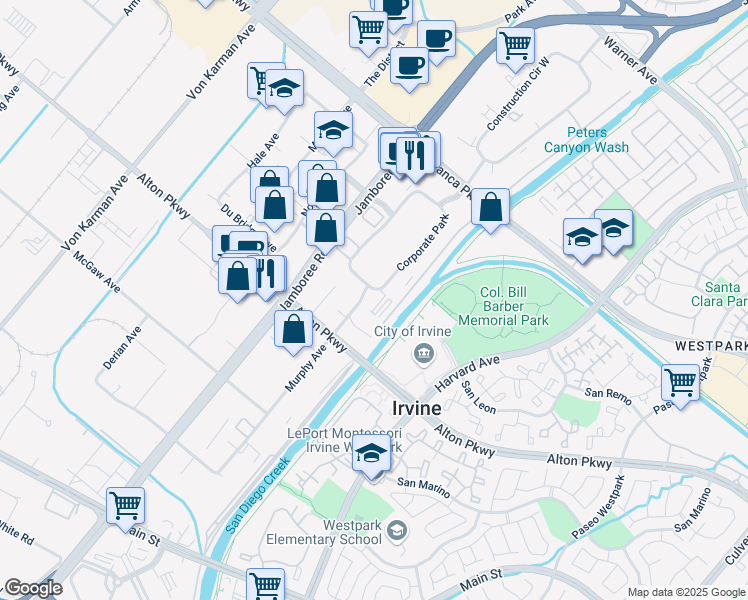 map of restaurants, bars, coffee shops, grocery stores, and more near 30 Corporate Park in Irvine