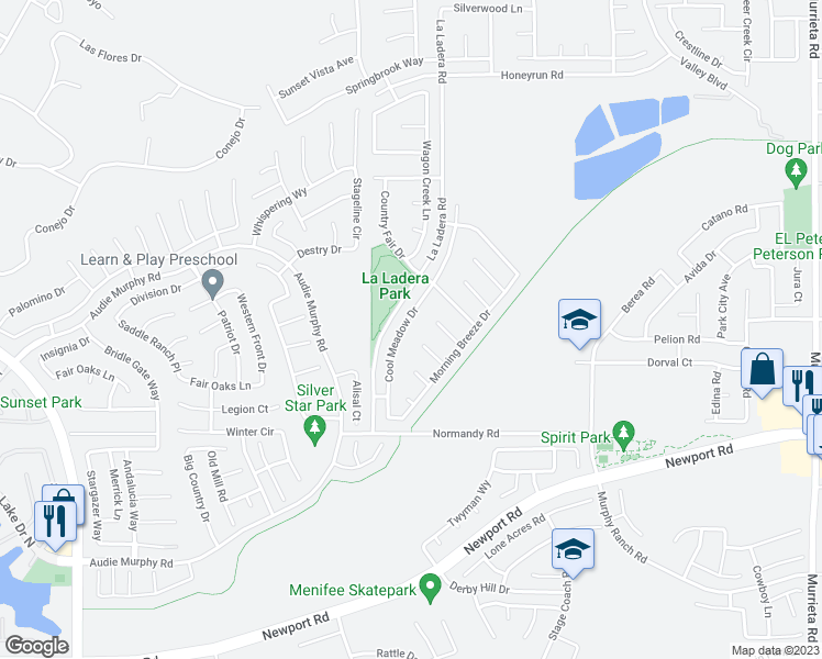 map of restaurants, bars, coffee shops, grocery stores, and more near 29792 Cool Meadow Drive in Menifee