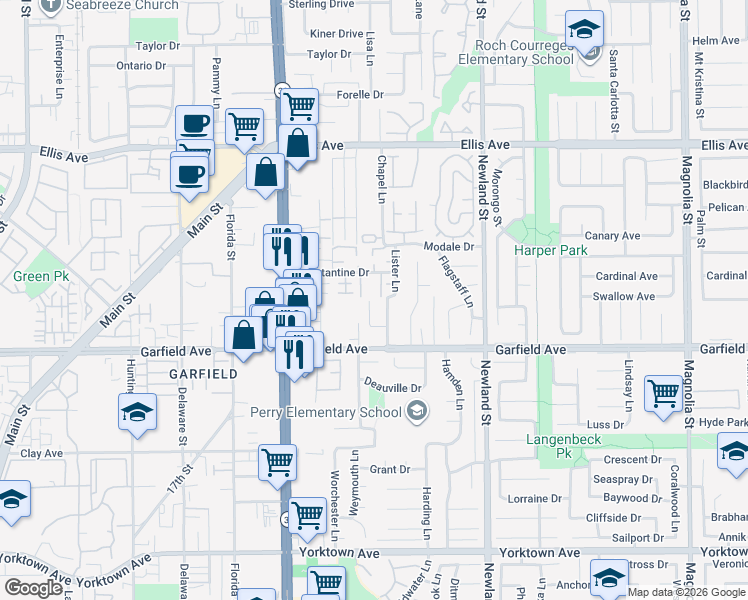 map of restaurants, bars, coffee shops, grocery stores, and more near 18862 Carolyn Lane in Huntington Beach