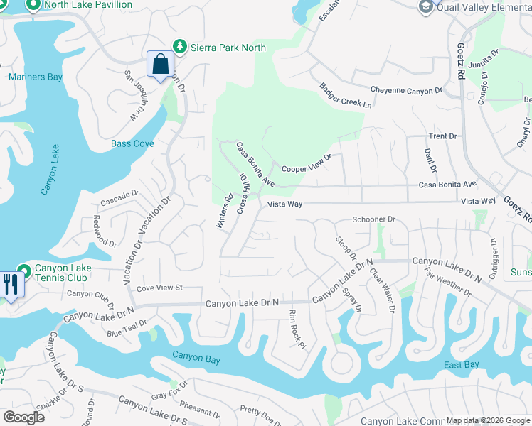 map of restaurants, bars, coffee shops, grocery stores, and more near 23201 Vista Way in Canyon Lake