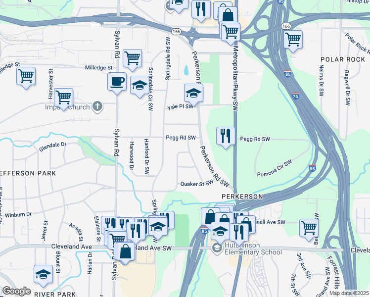 map of restaurants, bars, coffee shops, grocery stores, and more near 2431 Spring Garden Drive Southwest in Atlanta