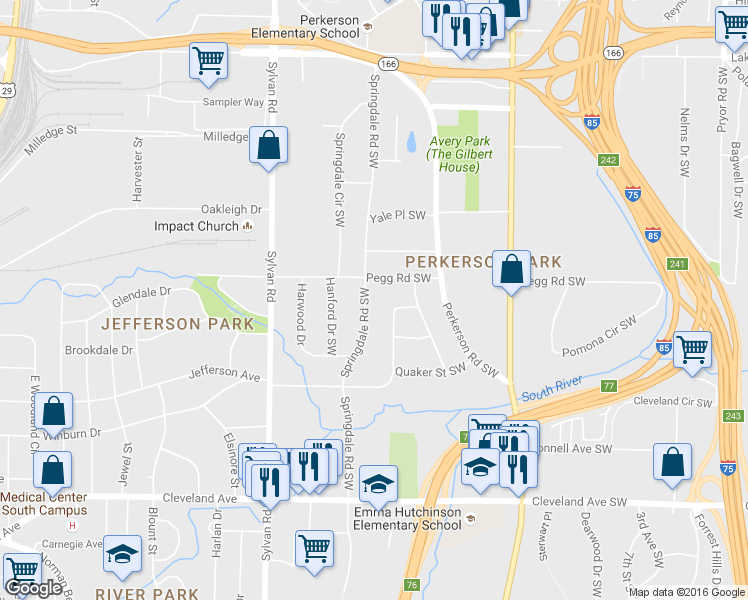 map of restaurants, bars, coffee shops, grocery stores, and more near 2430 Springdale Road Southwest in Atlanta