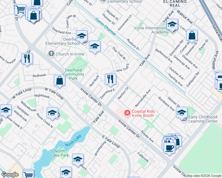 map of restaurants, bars, coffee shops, grocery stores, and more near 19 Deerwood East in Irvine