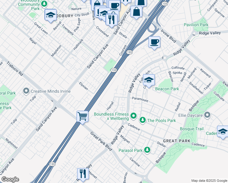 map of restaurants, bars, coffee shops, grocery stores, and more near 2232 Hamal in Irvine