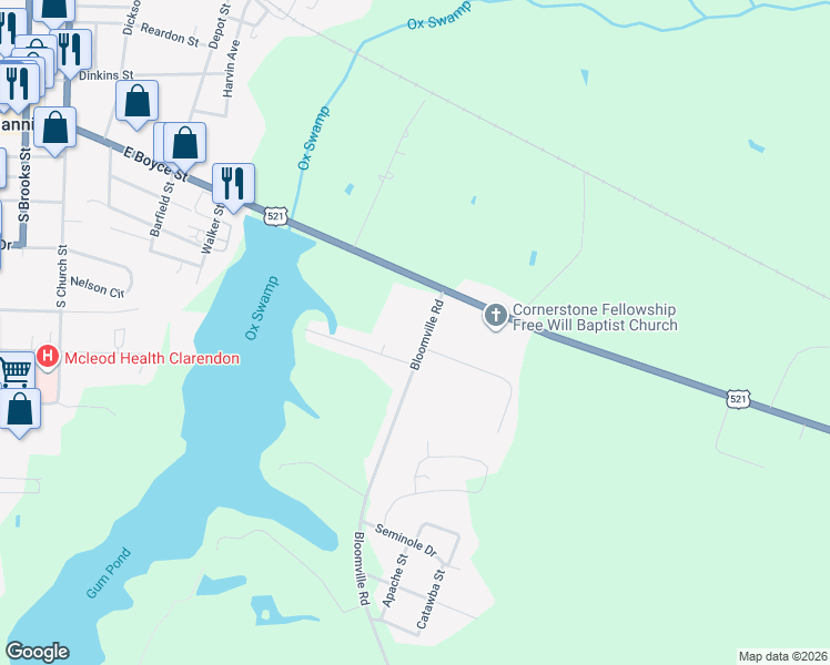 map of restaurants, bars, coffee shops, grocery stores, and more near 1124 Bloomville Road in Manning
