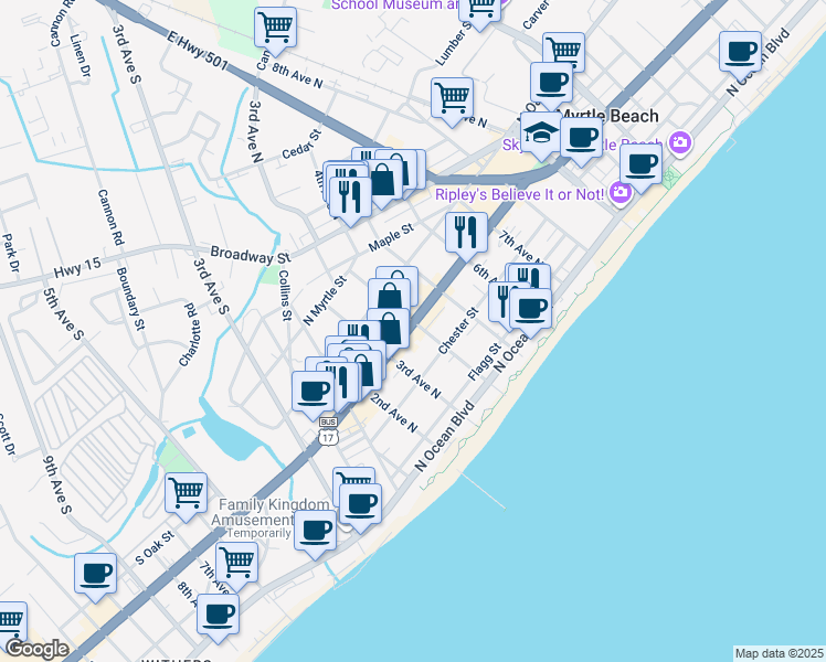 map of restaurants, bars, coffee shops, grocery stores, and more near 314 U.S. 17 Business in Myrtle Beach