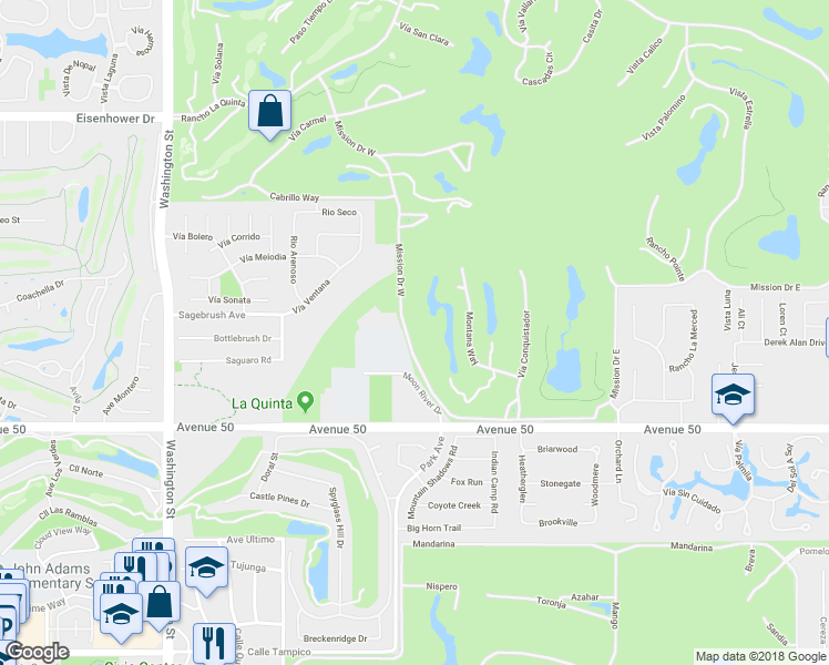 map of restaurants, bars, coffee shops, grocery stores, and more near 49580 Mission Drive West in La Quinta