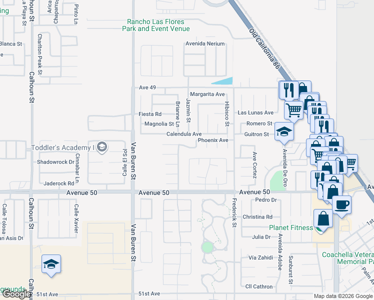 map of restaurants, bars, coffee shops, grocery stores, and more near 84389 Phoenix Avenue in Coachella