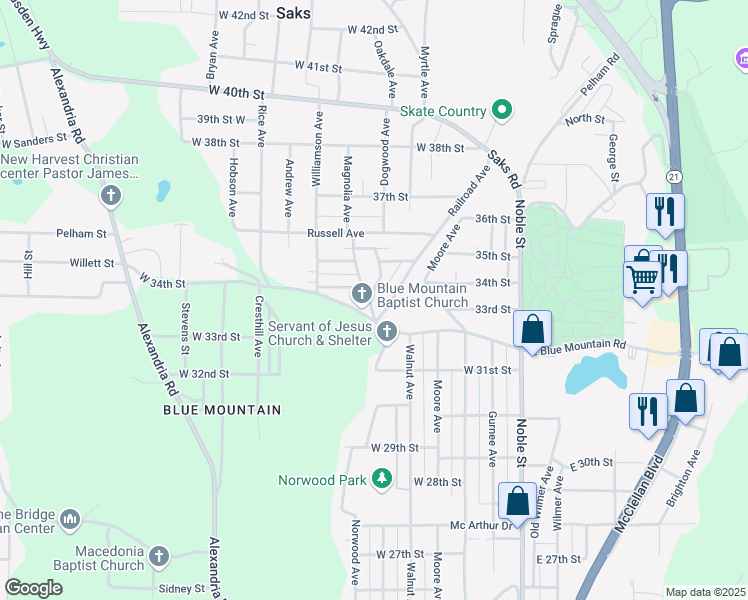 map of restaurants, bars, coffee shops, grocery stores, and more near 3 Main Street in Anniston