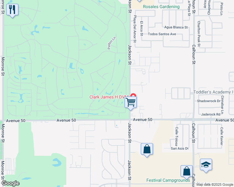 map of restaurants, bars, coffee shops, grocery stores, and more near 49578 Redford Way in Indio