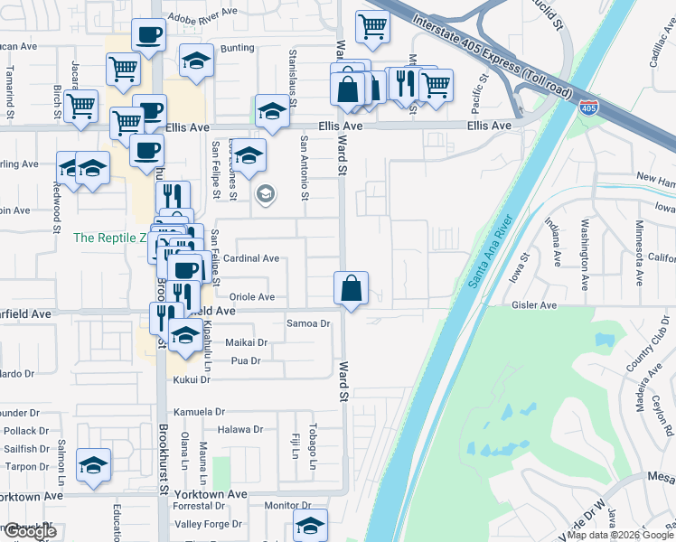 map of restaurants, bars, coffee shops, grocery stores, and more near 10485 Teal Circle in Fountain Valley