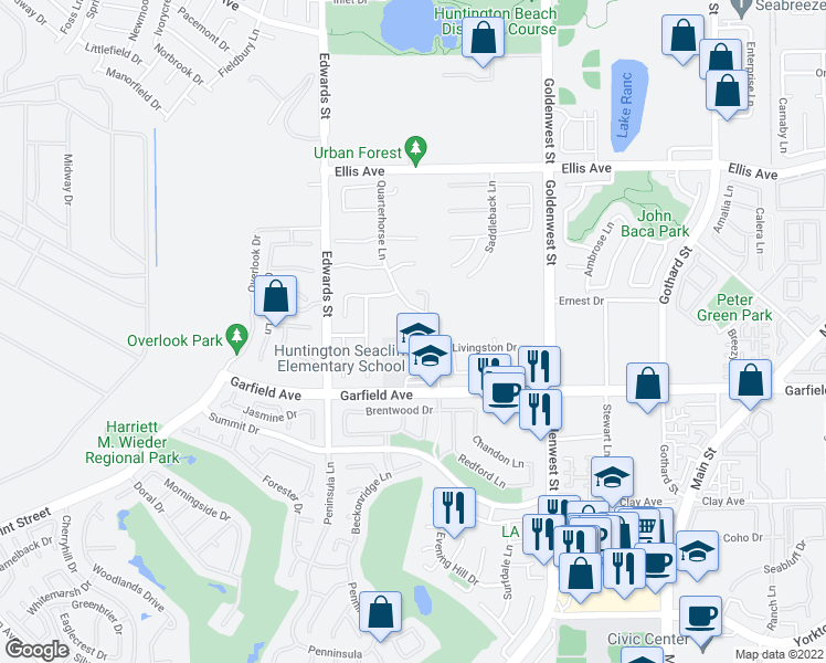map of restaurants, bars, coffee shops, grocery stores, and more near 6712 Alamitos Circle in Huntington Beach