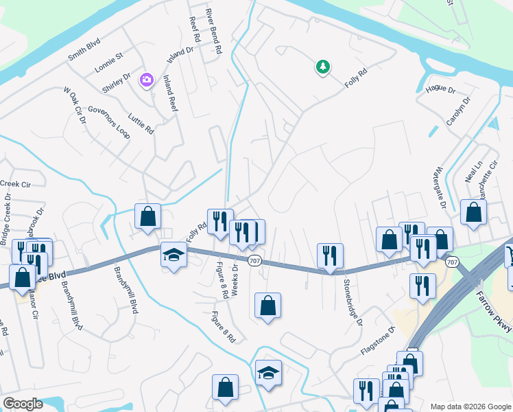 map of restaurants, bars, coffee shops, grocery stores, and more near 390 Worthington Circle in Myrtle Beach