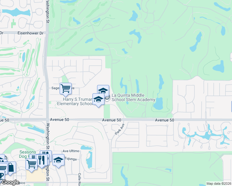 map of restaurants, bars, coffee shops, grocery stores, and more near 49580 Mission Drive West in La Quinta
