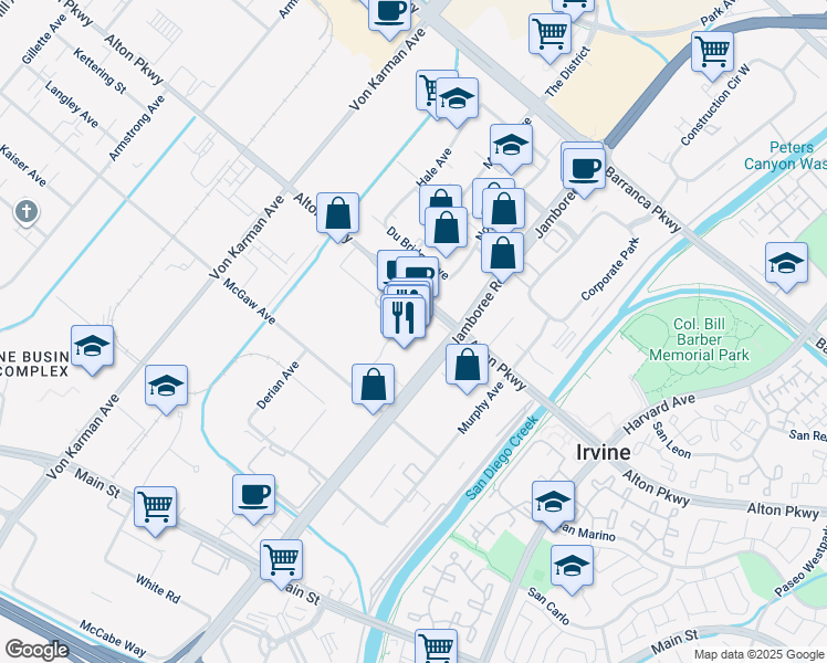 map of restaurants, bars, coffee shops, grocery stores, and more near 2702 Alton Parkway in Irvine