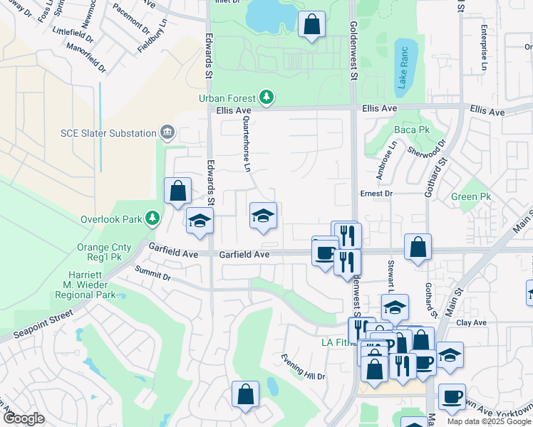 map of restaurants, bars, coffee shops, grocery stores, and more near 6712 Alamitos Circle in Huntington Beach