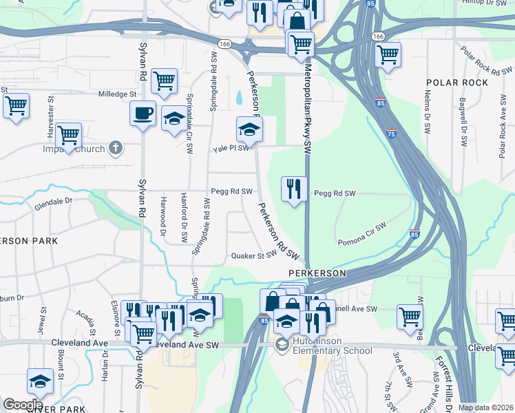 map of restaurants, bars, coffee shops, grocery stores, and more near 2425 Perkerson Road Southwest in Atlanta