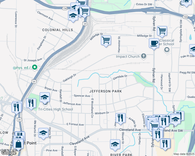 map of restaurants, bars, coffee shops, grocery stores, and more near 2441 Jefferson Terrace in East Point