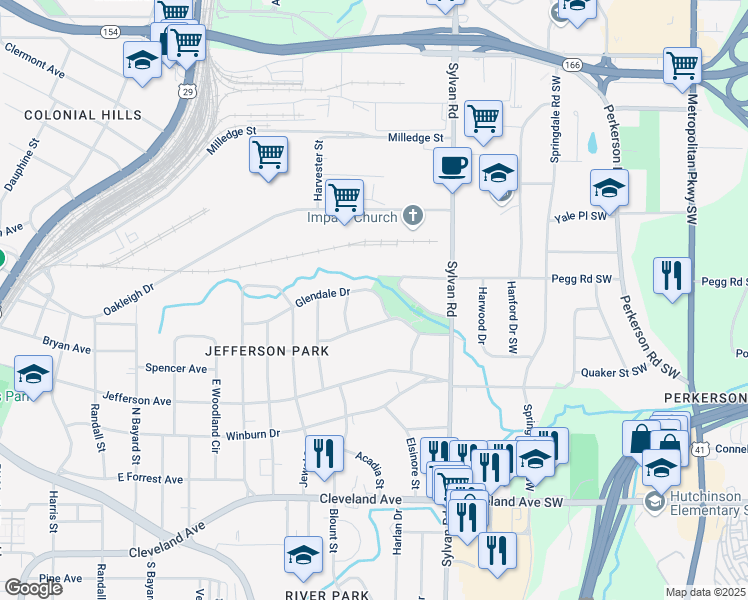 map of restaurants, bars, coffee shops, grocery stores, and more near 1006 Glendale Drive in East Point