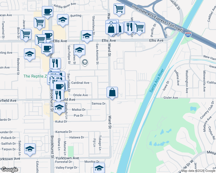 map of restaurants, bars, coffee shops, grocery stores, and more near 10485 Teal Circle in Fountain Valley