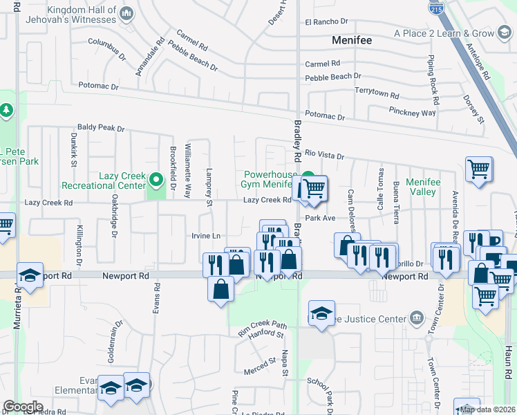 map of restaurants, bars, coffee shops, grocery stores, and more near 26825 Lazy Creek Road in Menifee