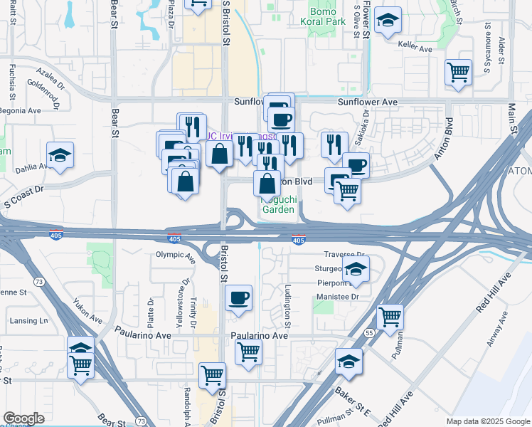 map of restaurants, bars, coffee shops, grocery stores, and more near 3188 Park Center Drive in Costa Mesa