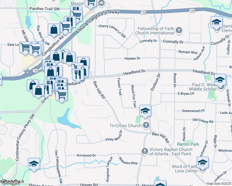 map of restaurants, bars, coffee shops, grocery stores, and more near 2457 Forest Trail in East Point
